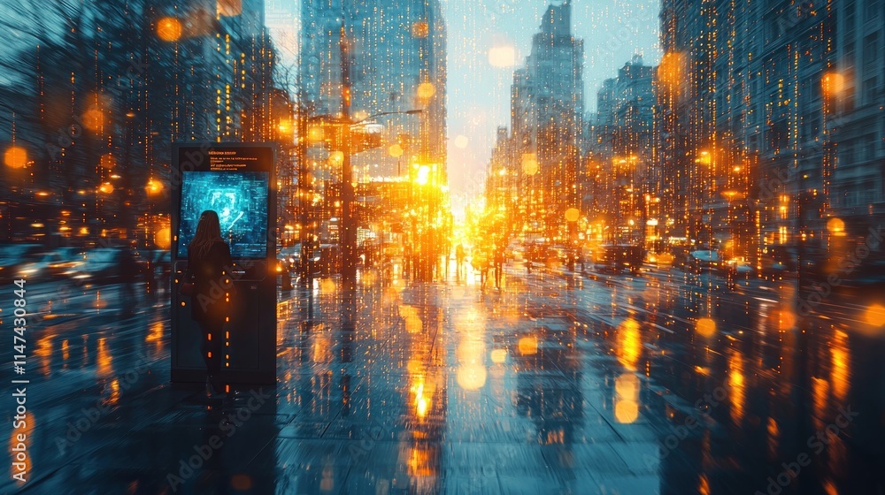 Obraz premium Cyberpunk Cityscape: A Rainy Evening in the Metropolis