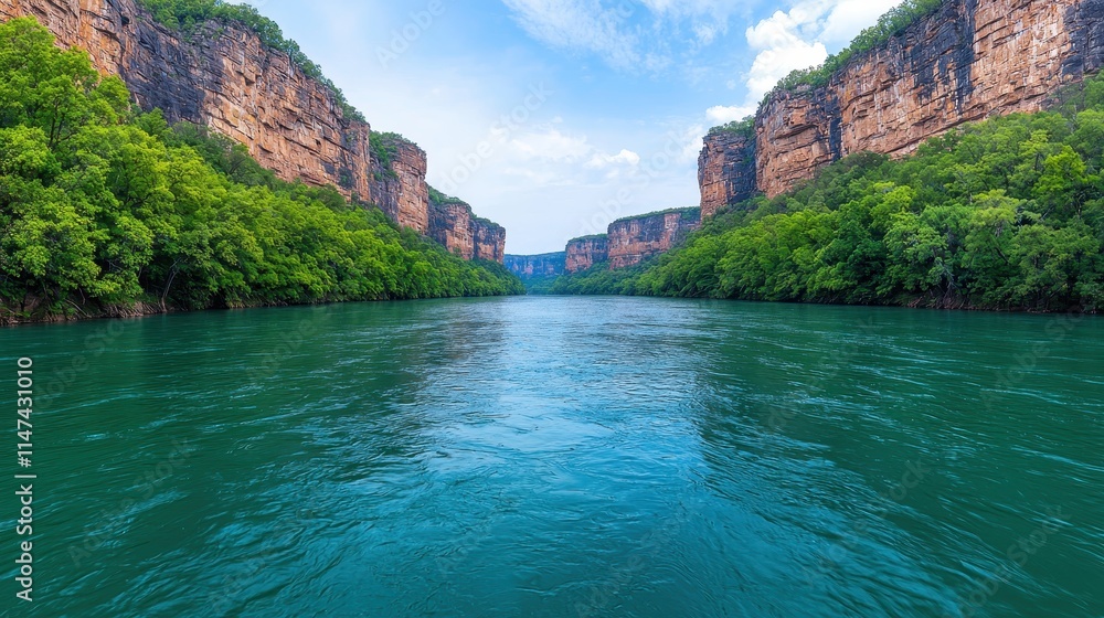 Serene River Surrounded by Lush Greenery and Majestic Cliffs Serene River Surrounded by Lush Greenery and Majestic Cliffs