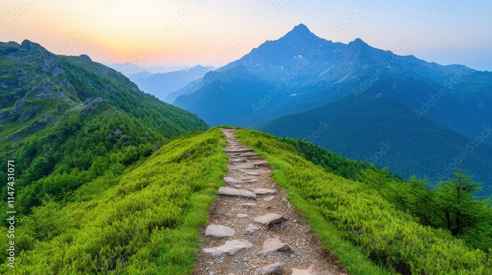 Scenic Mountain Pathway Through Lush Greenery at Sunrise Scenic Mountain Pathway Through Lush Greenery at Sunrise