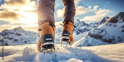 close up of a person s feet wearing crampons step photo