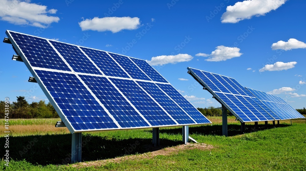Solar Panels Under Blue Sky with White Clouds in Open Field Solar Panels Under Blue Sky with White Clouds in Open Field