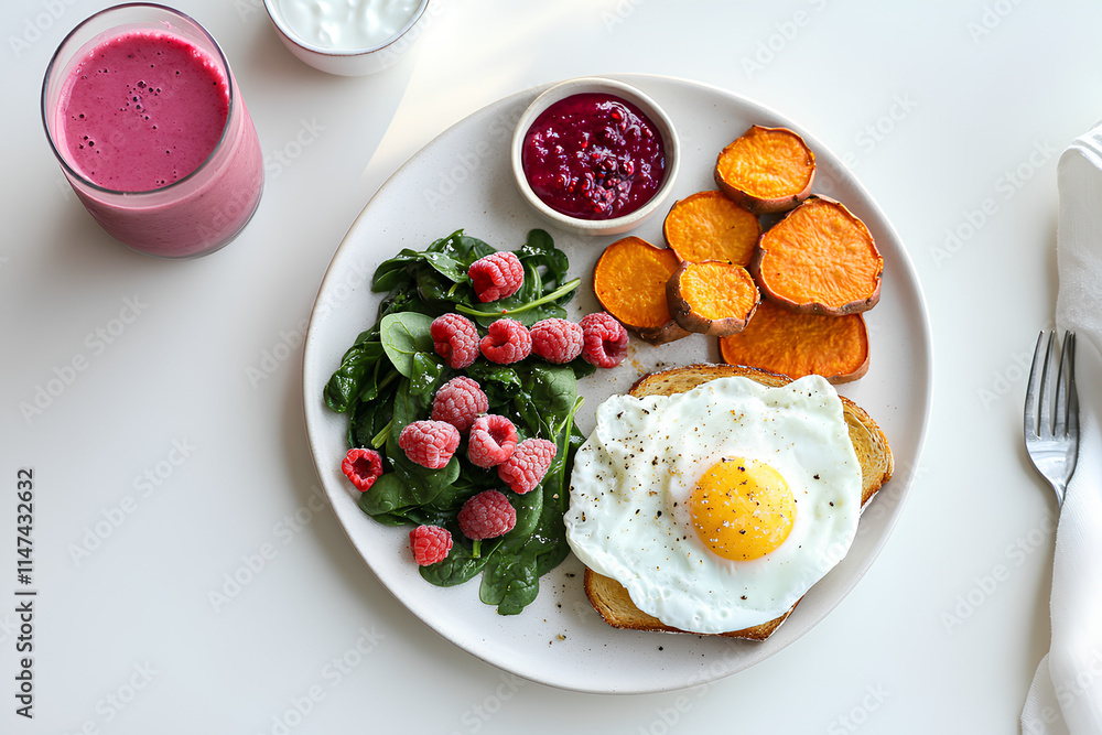 Balanced Breakfast Plate with Poached Eggs, Sautéed Spinach, and Berry Smoothie
Balanced Breakfast Plate with Poached Eggs, Sautéed Spinach, and Berry Smoothie