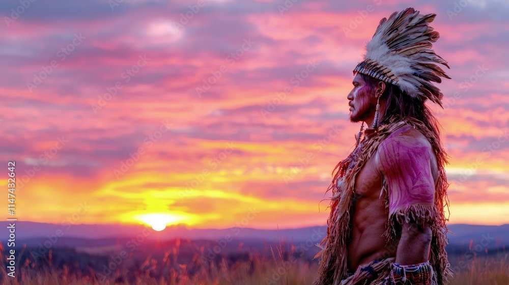 Fototapeta premium Native American chief wearing a traditional feather war bonnet stands in a grassy field looking towards a vibrant sunset.