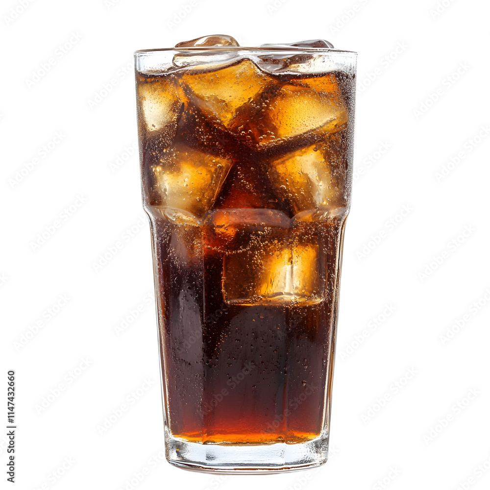 A tall glass of iced coffee with ice cubes. The glass is half full and the ice cubes are scattered throughout the drink A tall glass of iced coffee with ice cubes. The glass is half full and the ice cubes are scattered throughout the drink