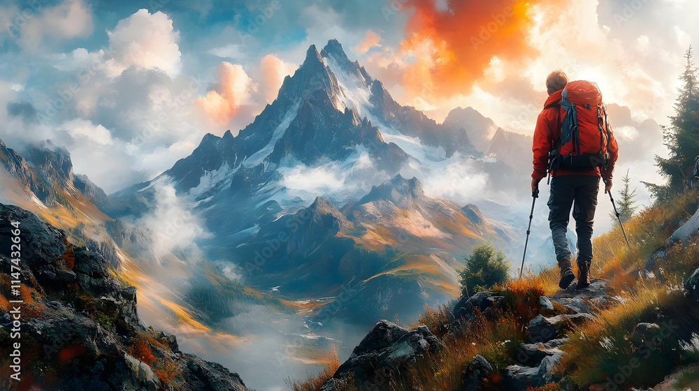 Hiker Conquers Majestic Mountain Peak at Sunrise Hiker Conquers Majestic Mountain Peak at Sunrise