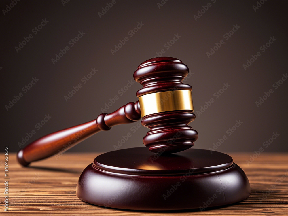A wooden gavel on a table, representing the legal system and judicial process on white background A wooden gavel on a table, representing the legal system and judicial process on white background