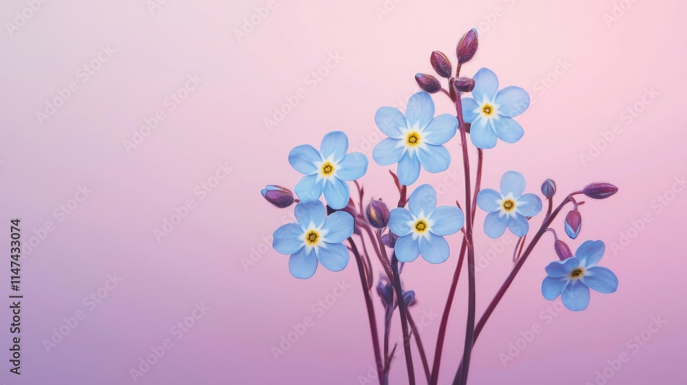 Fototapeta premium Delicate Blue Flowers on a Soft Pink Background with Buds