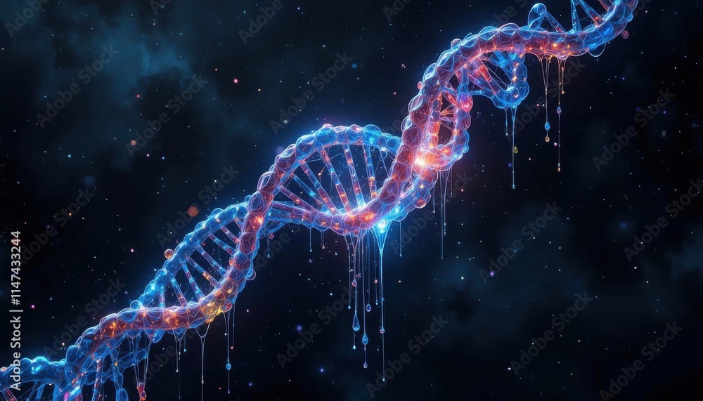 A 3D render of a glowing DNA strand, abstractly rendered with a cosmic background A 3D render of a glowing DNA strand, abstractly rendered with a cosmic background