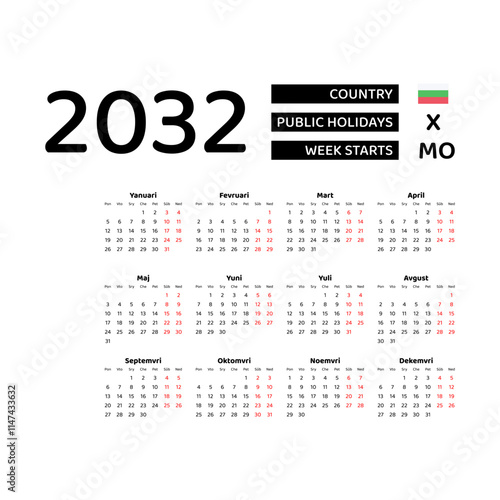 Calendar 2032 Bulgarian language with Bulgaria public holidays. Week starts from Monday. Graphic design vector illustration.