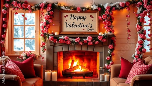 Romantic Fireplace Setting Happy Valentines Day Decor