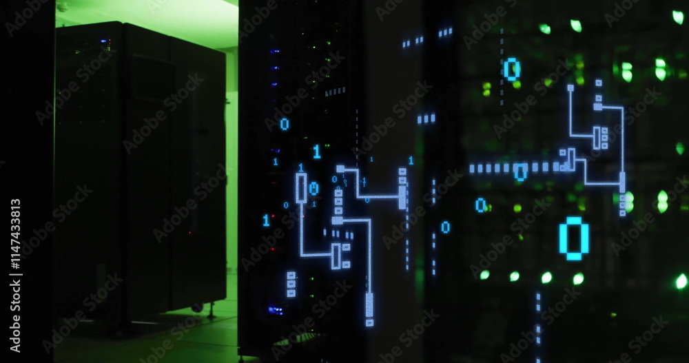 A server room glows with green lights, symbolizing network activity A server room glows with green lights, symbolizing network activity