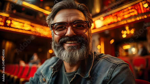 Man Smiles Joyfully in Theater, Bright Lights