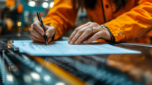 Worker Carefully Fills Out Form with Pen