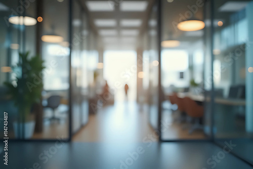 A blurry view of a modern office space through glass doors. Soft background