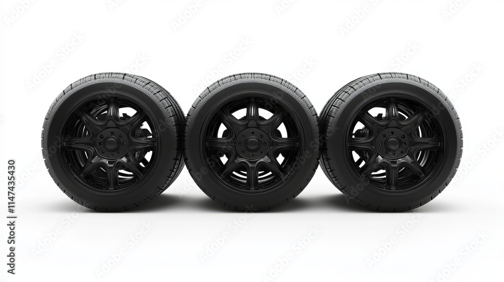 3d rendering of six black rubber wheels isolated on white background. 3d rendering of six black rubber wheels isolated on white background.