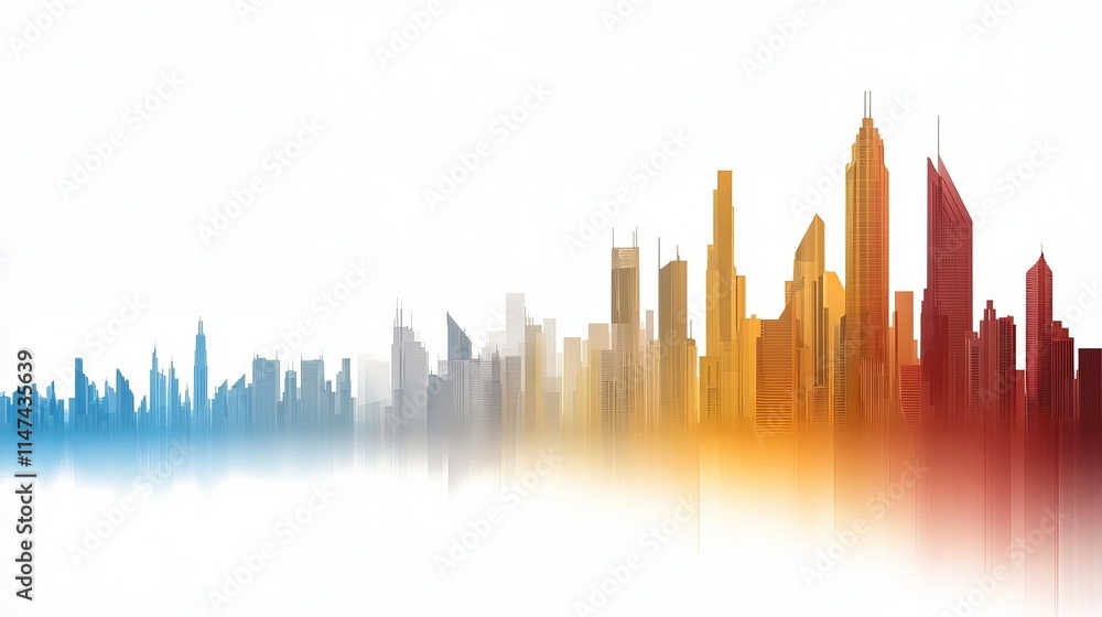 A vibrant city skyline silhouette with colorful gradient hues, showcasing modern architectural designs against a white background. A vibrant city skyline silhouette with colorful gradient hues, showcasing modern architectural designs against a white background.