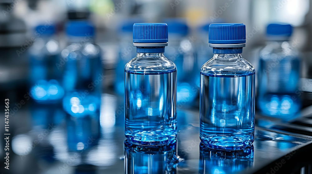 Bottles Filled with Blue Liquid on Conveyor Belt Bottles Filled with Blue Liquid on Conveyor Belt