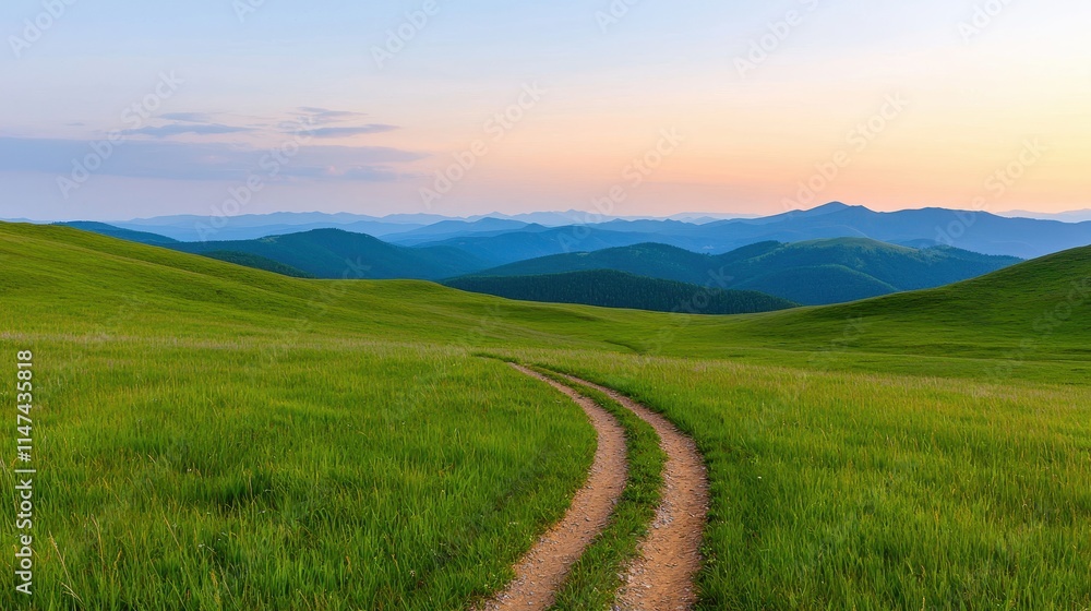 Fototapeta premium Serene Pathway Through Lush Green Hills Under Dawn Sky