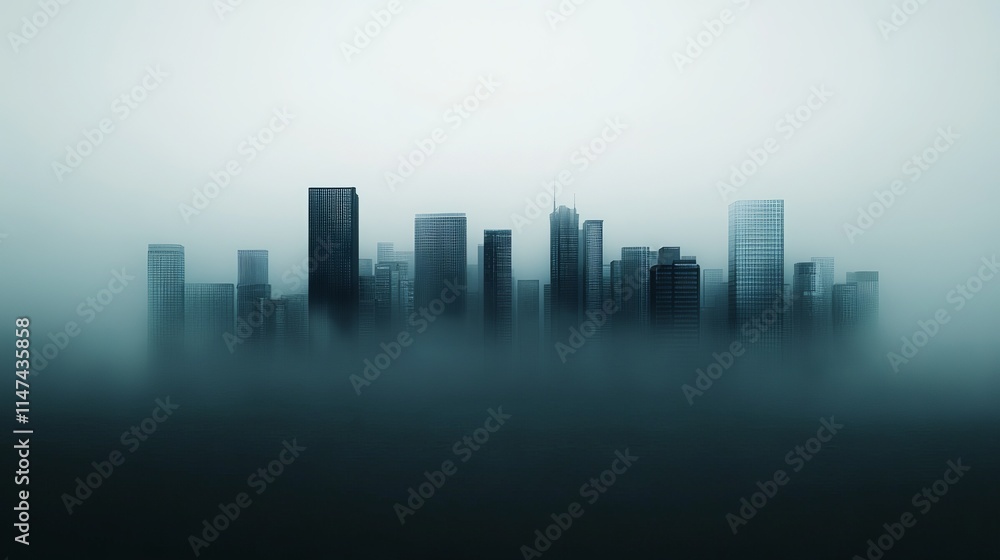 Fototapeta premium A mysterious city skyline shrouded in fog, showcasing tall buildings with a cool color palette.