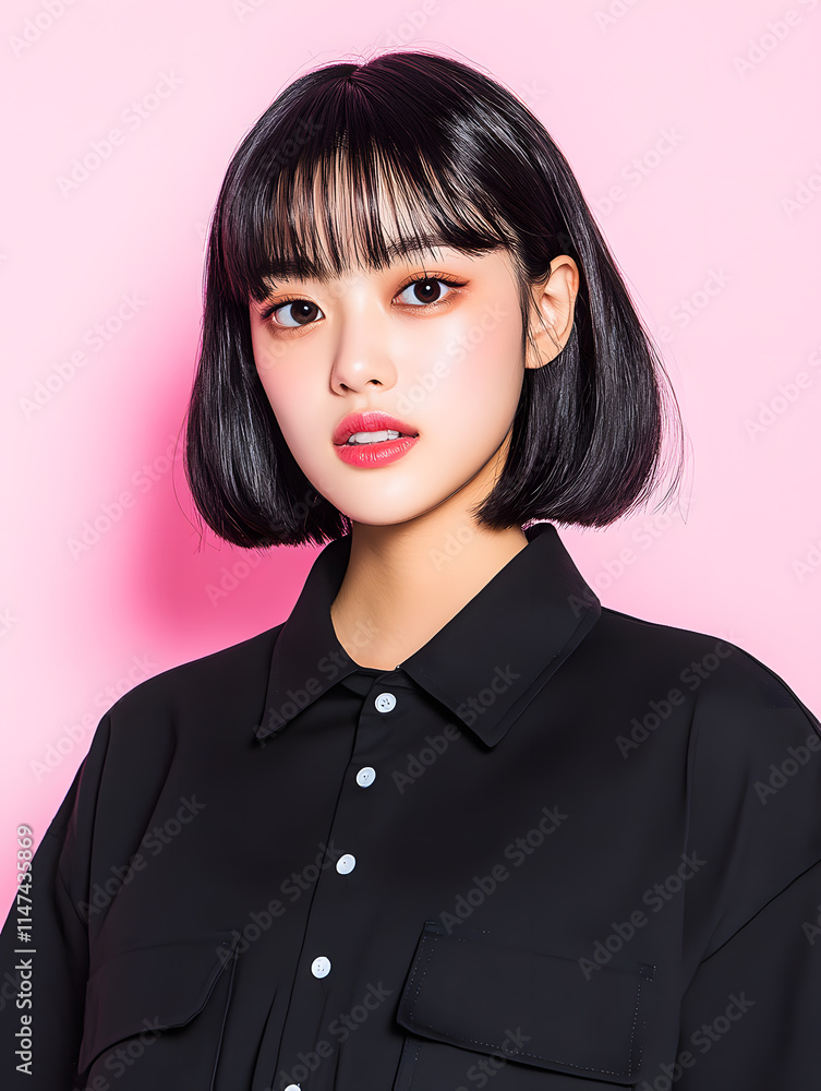 The teenager wear an oversized t-shirt and smiled casually. Take dynamic vertical photos