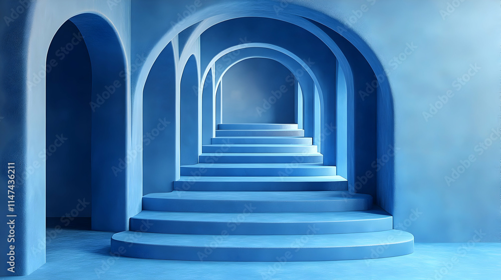 Blue Archway Staircase: Ascending Design, Serene Geometry, Abstract Minimalism Blue Archway Staircase: Ascending Design, Serene Geometry, Abstract Minimalism