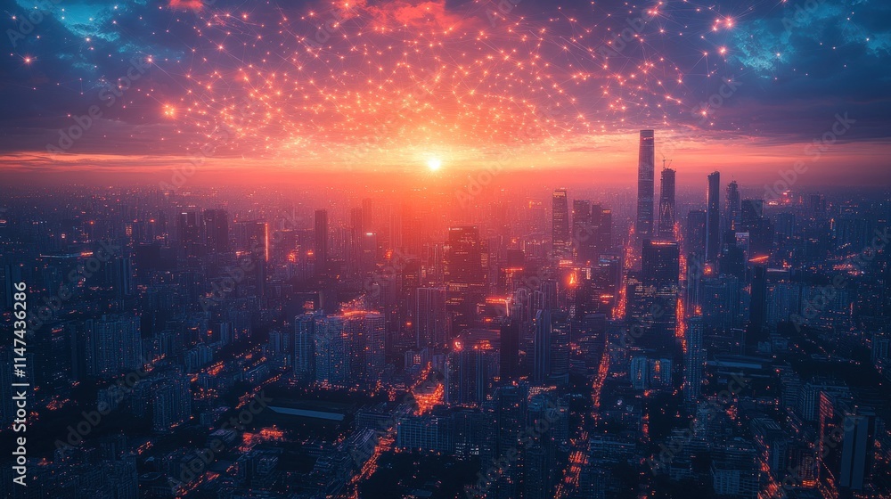 Fototapeta premium Sunset cityscape, connected network, glowing lights.