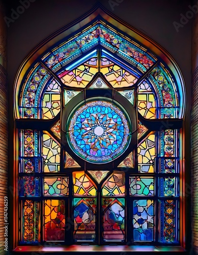 Colorful Stained Glass Window Displaying Intricate Patterns and Vibrant Colors in Gothic Architecture Style