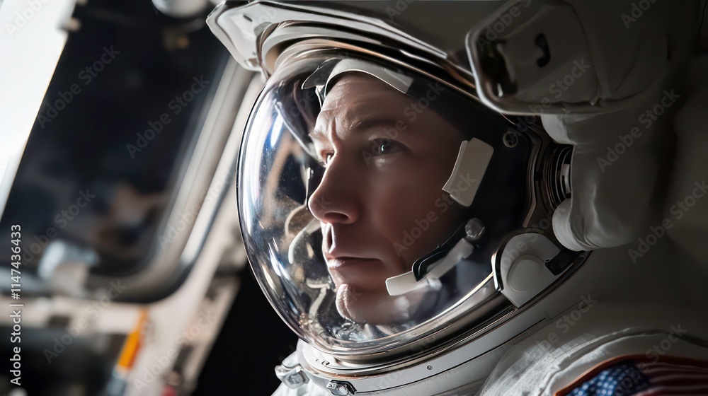 Close-up portrait of an astronaut's serious face inside a spacesuit helmet. Close-up portrait of an astronaut's serious face inside a spacesuit helmet.