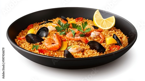 Delicious seafood paella with shrimp, mussels, and lemon garnish in a black bowl.