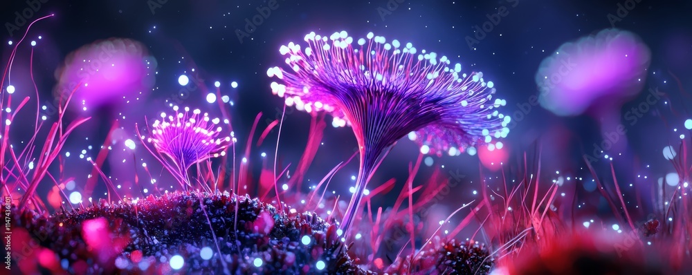 Fototapeta premium A vibrant, surreal landscape featuring glowing mushrooms amidst colorful, ethereal elements and a captivating, dreamlike atmosphere.