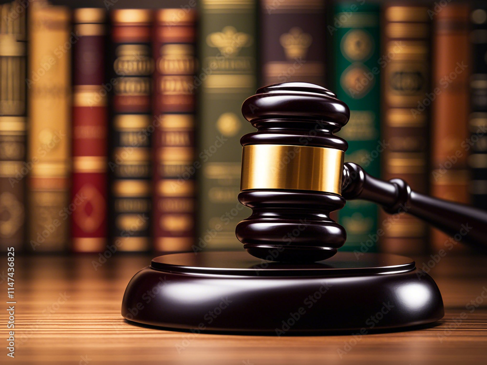  A wooden gavel on a table, representing the legal system and judicial process on white background 