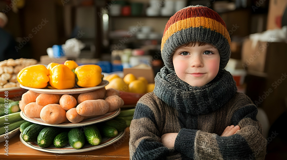 Child Smiles, Holding Produce at Market Stall Child Smiles, Holding Produce at Market Stall