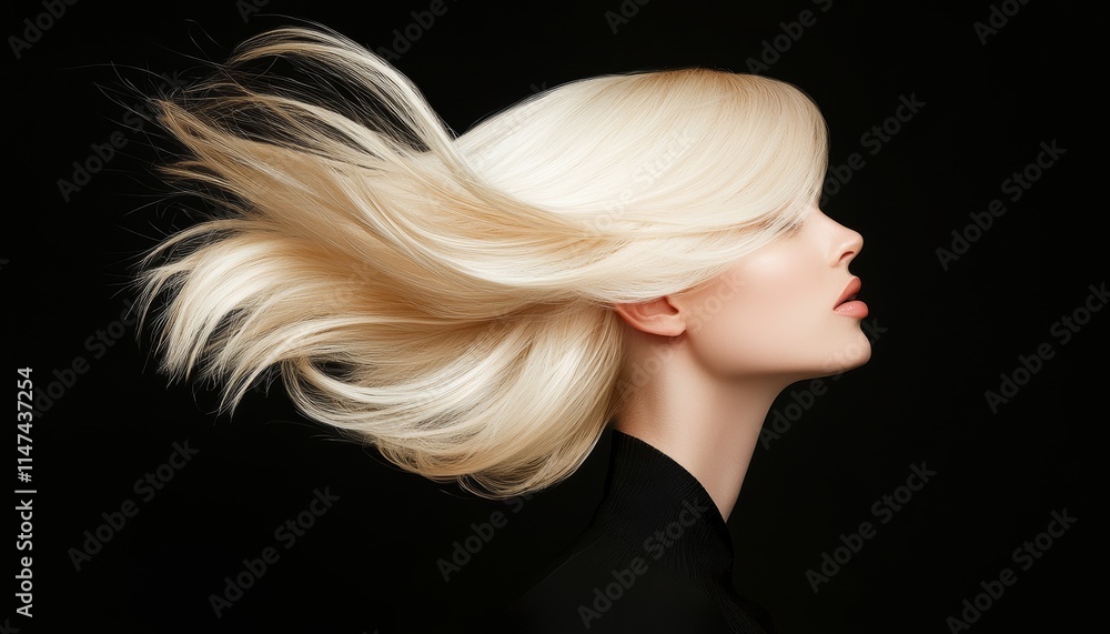 A profile view of a woman with flowing blonde hair, exuding elegance against a dark background, showcasing the beauty of movement. A profile view of a woman with flowing blonde hair, exuding elegance against a dark background, showcasing the beauty of movement.