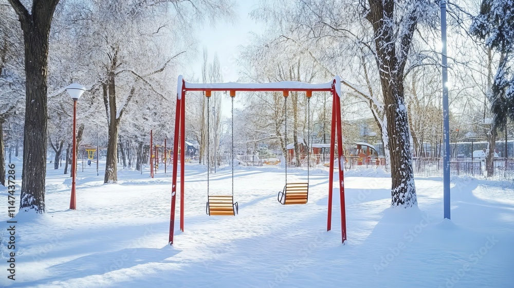 Children's playground with a swing in a snowy winter park Children's playground with a swing in a snowy winter park