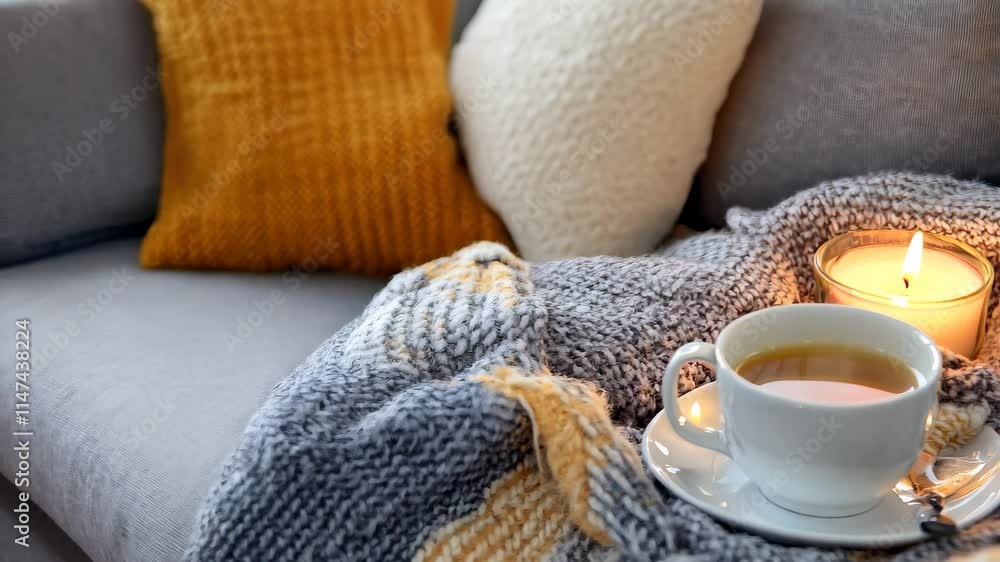 Enjoying a cozy fall moment with a hot drink and candlelight in a comfortable living space, Fall cozy mood composition with hot drink and burning candles Yellow warm plaid on grey sofa Enjoying a cozy fall moment with a hot drink and candlelight in a comfortable living space, Fall cozy mood composition with hot drink and burning candles Yellow warm plaid on grey sofa
