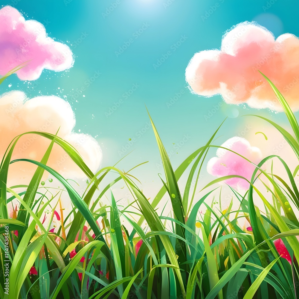 Fototapeta premium Abstract Rainy Scene with Vibrant Green Grass