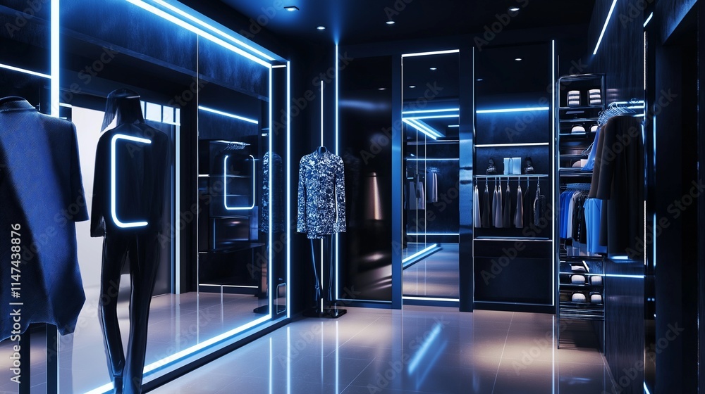 High-end fashion retail store featuring sleek smart mirrors and LED displays, showcasing a modern, sophisticated design with a focus on technology and style.