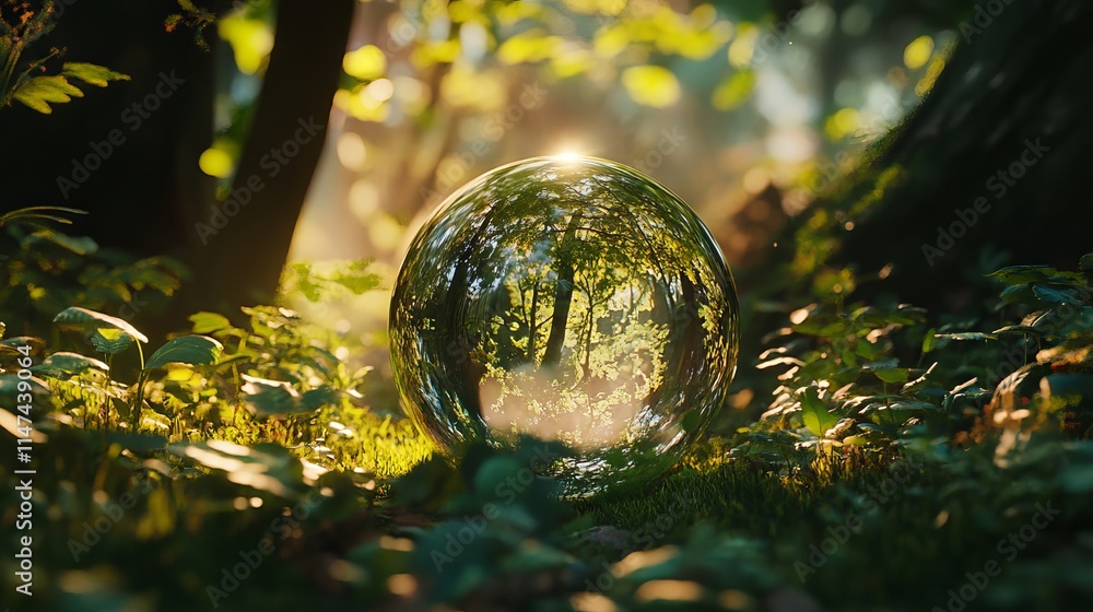 Environment Concept - Globe Glass In Green Forest With Sunlight Environment Concept - Globe Glass In Green Forest With Sunlight