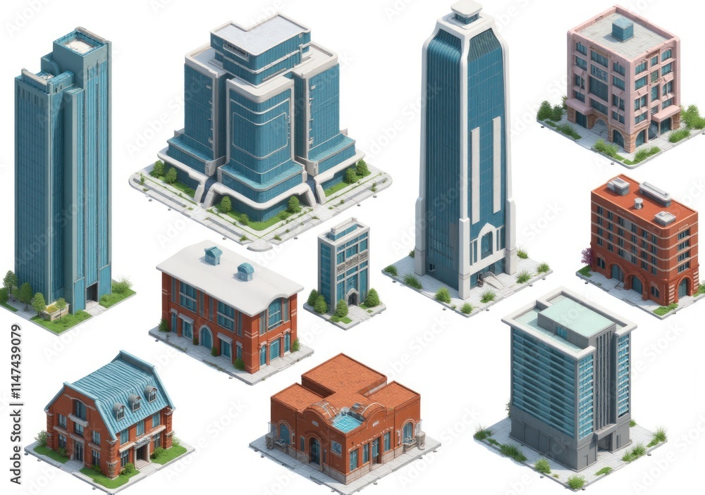 Isometric render of a collection of 10 buildings, ranging from futuristic skyscrapers with glass exteriors to traditional brick buildings with arched windows, all captured with natural light that emph Isometric render of a collection of 10 buildings, ranging from futuristic skyscrapers with glass exteriors to traditional brick buildings with arched windows, all captured with natural light that emph