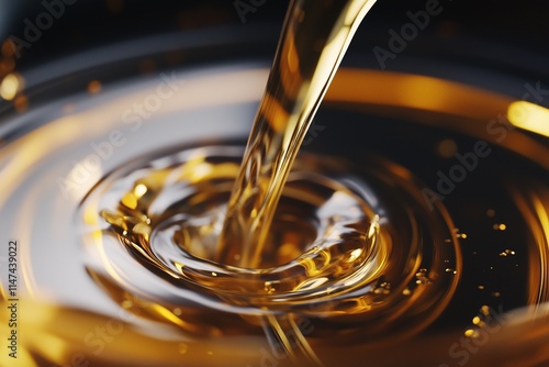 Golden oil streams falling gracefully into a clear glass cup, rippling across the surface.