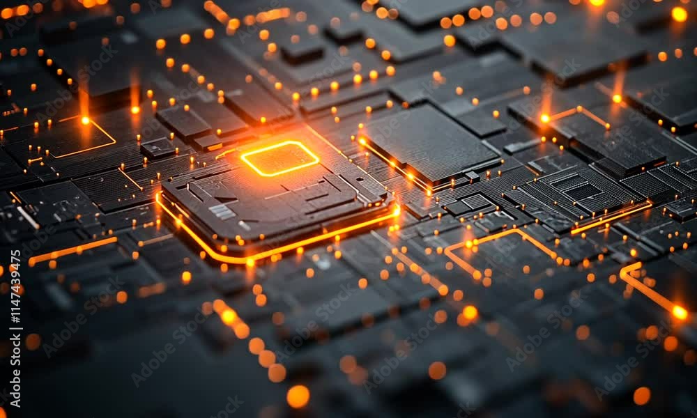 Abstract representation of a circuit board with glowing elements. Abstract representation of a circuit board with glowing elements.