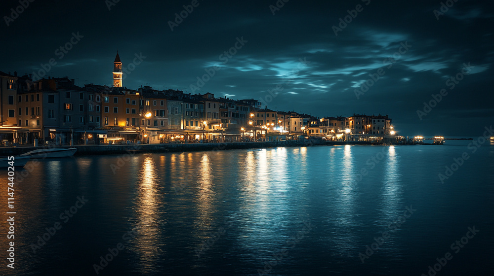 Charming waterfront town with illuminated buildings at night by the water. Charming waterfront town with illuminated buildings at night by the water.