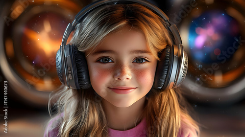 Girl Enjoys Music with Headphones, Blissfully Listening photo