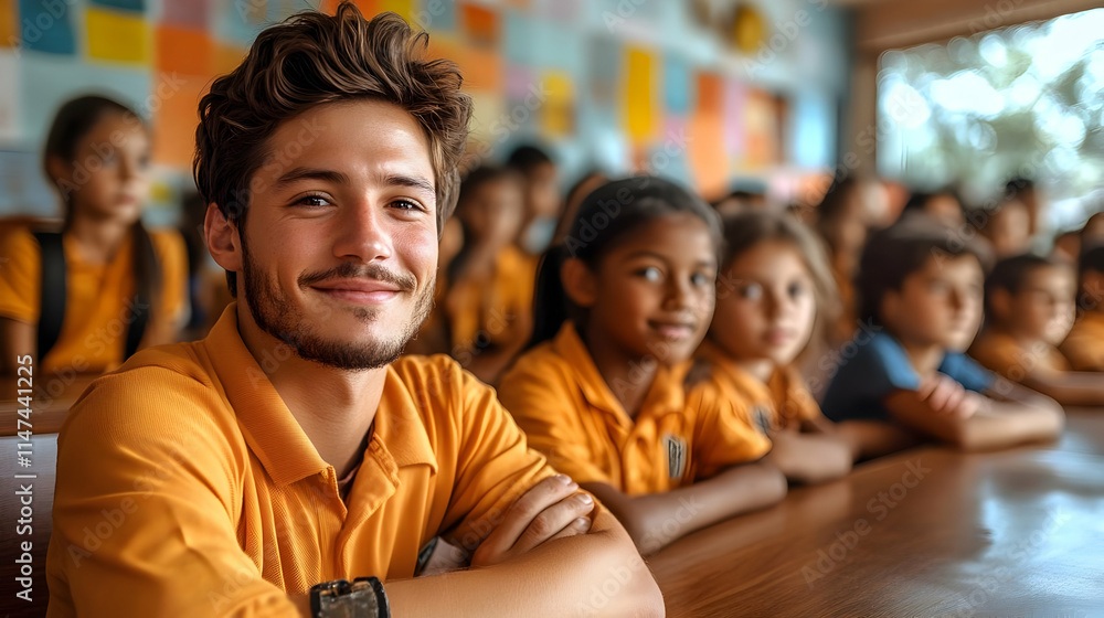 Young Teacher Smiles, Inspiring Students in Classroom Young Teacher Smiles, Inspiring Students in Classroom