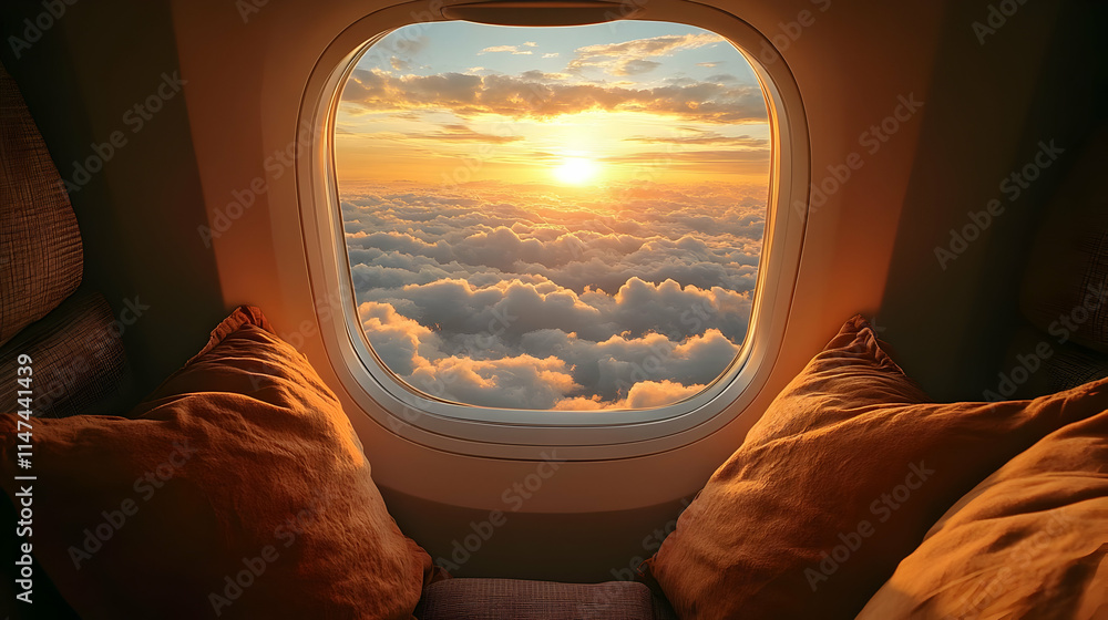 Golden Sunrise Cloudscapes Viewed from Airplane Window Golden Sunrise Cloudscapes Viewed from Airplane Window