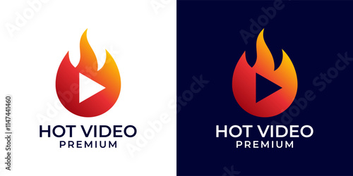 Fire Play logo design template. Fire symbol with play icon logo vector. Media fire play logo. Vector logo template of fire, media, play, music, button, flame, gas, industrial, red, hot, video, audio.