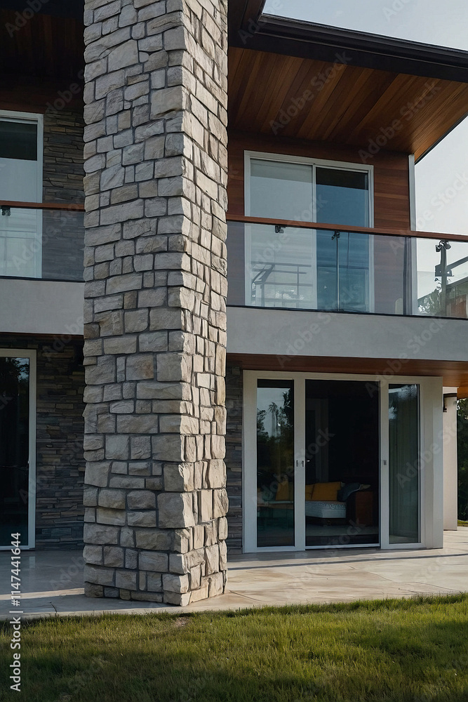 Modern House Exterior with Stone Column and Glass Doors Modern House Exterior with Stone Column and Glass Doors