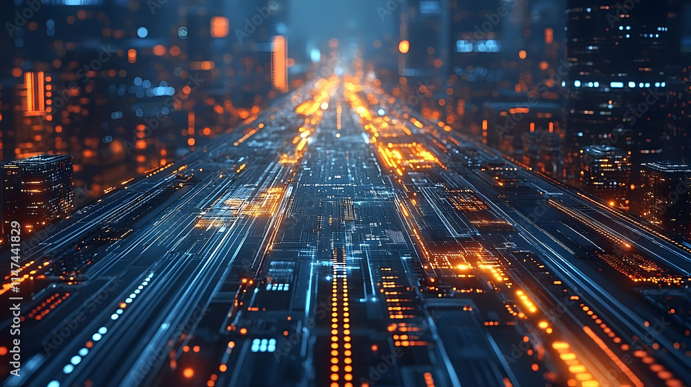 Futuristic Cityscape: Circuits & Lights Glow Brightly at Night Futuristic Cityscape: Circuits & Lights Glow Brightly at Night