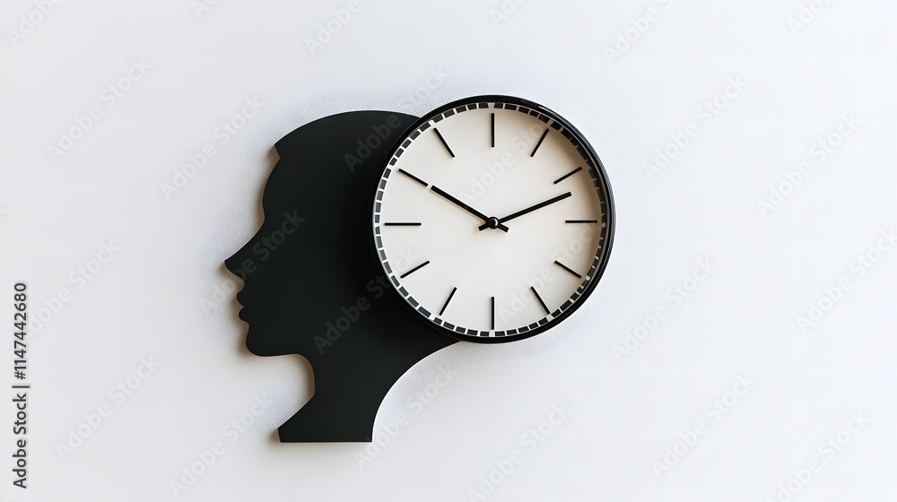 Stylized clock inside human silhouette symbolizes the passage of time and its impact on human life, representing the balance between moments and existence Stylized clock inside human silhouette symbolizes the passage of time and its impact on human life, representing the balance between moments and existence