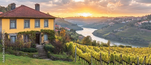 A scenic vineyard tour in the Douro Valley, Portugal, where visitors taste wine and enjoy views of terraced hills along the winding river. 
